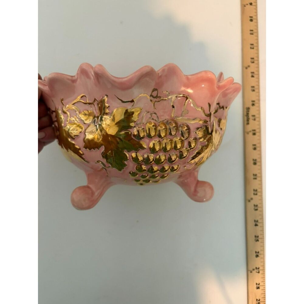 Vtg Pink cased porcelain footed bowl with hand painted gold gilt grapes